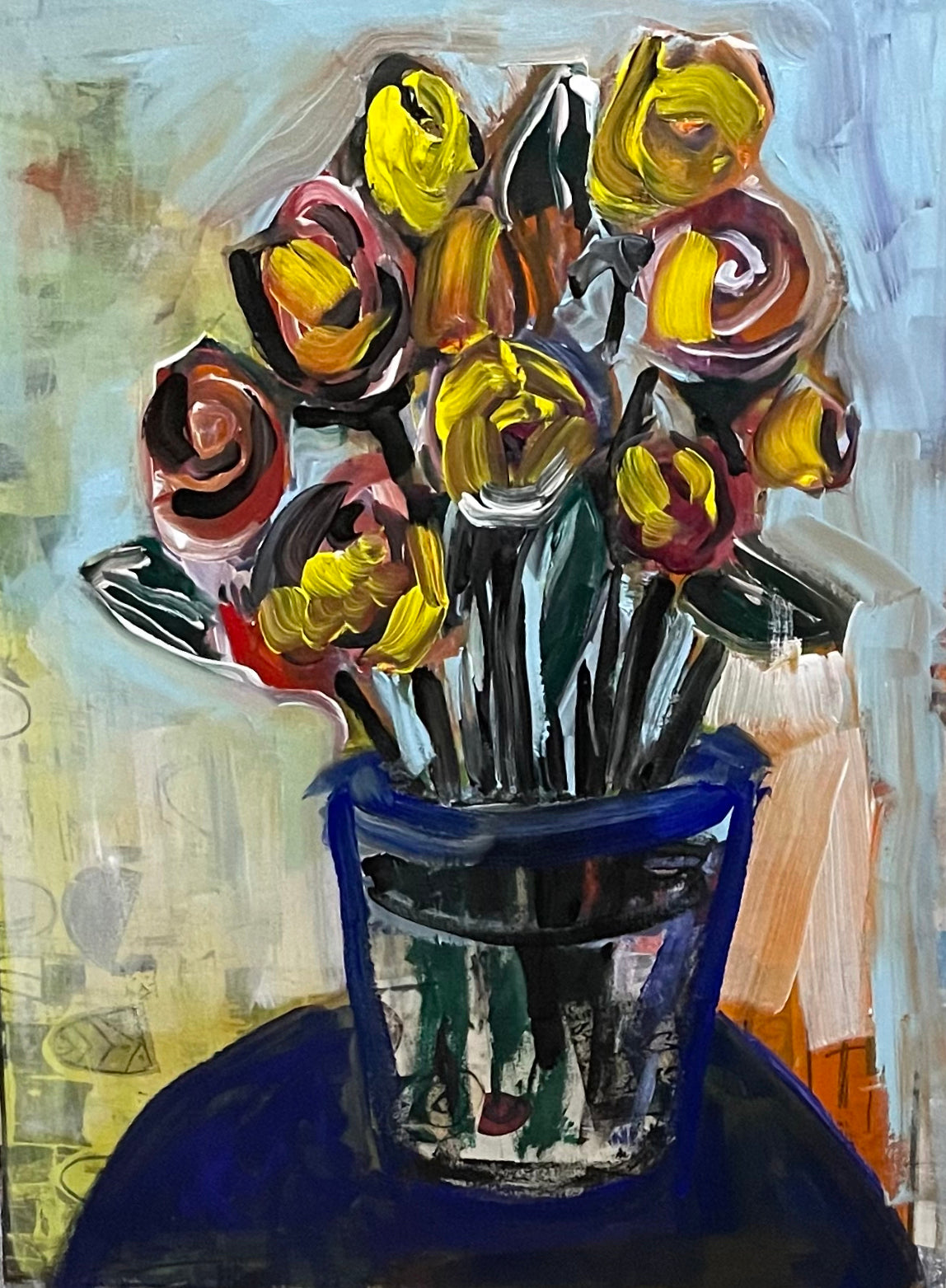 Floral painting with yellow roses in blue vase