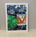 Framed original painting of an orange VW bus on a hill by Mirch