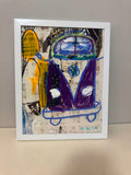 Framed original painting of a purple VW bus with yellow surfboard by Mirch